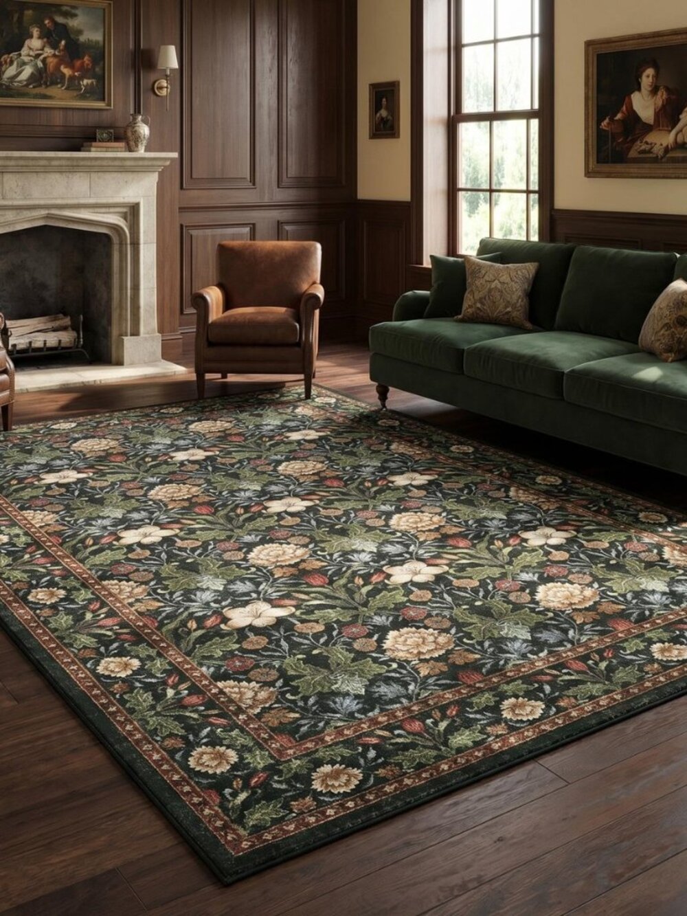 Green Washable Area Rug 5x7, Retro Floral Low Pile Non Slip Living Room Rug Soft